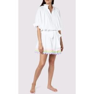 Juliet Dunn Blouson White Belted Button Down Rainbow Linen Dress Size 3/Large